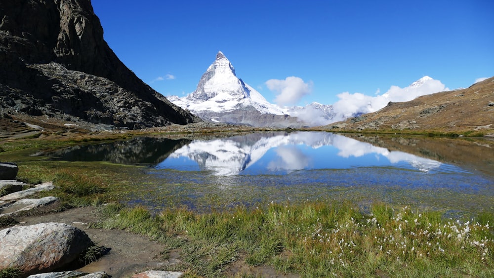 lake near green grass field and snow covered mountain during daytime