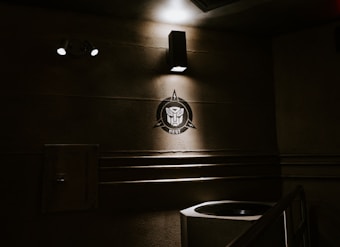 A dimly lit interior wall features a logo illuminated by a spotlight, with the word 'NEST' written beneath a stylized emblem resembling a mechanical face. The wall is textured and has some visible pipes running horizontally alongside the logo. The lighting creates a quiet, industrial atmosphere.
