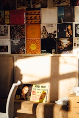 A wall covered with vinyl album covers, featuring a range of artists and styles. In the foreground, two prominent albums are partially illuminated by sunlight, one with a cover of Bob Marley’s album 'Legend' and the other 'Never Mind the Bollocks' by the Sex Pistols. The setting includes a beige seat or couch and a wooden side table, with sunlight casting a shadow across the scene.