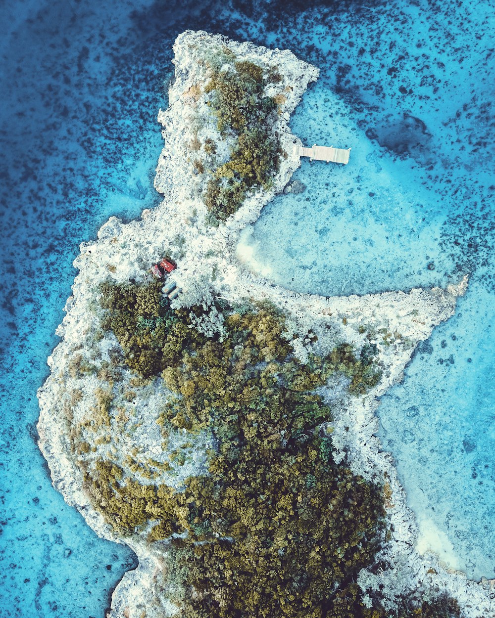 aerial view of white and brown island