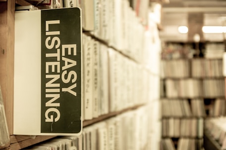 A collection of stacked vinyl records or library shelves with a prominent sign labeled 'Easy Listening'. The scene gives a sense of organization and thoroughness in a dimly lit environment.