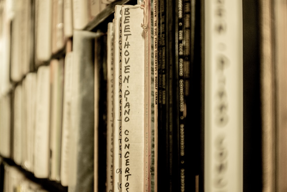 grayscale photography of books on shelf