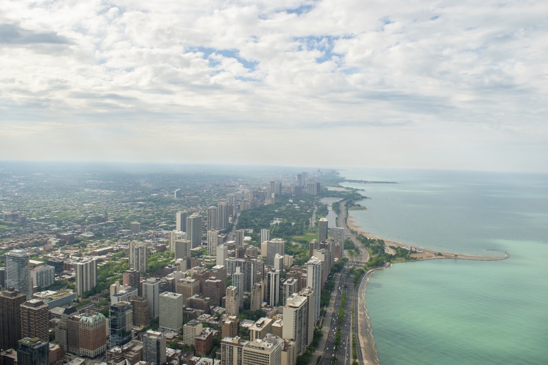 An aerial view of chicago city and lake.,