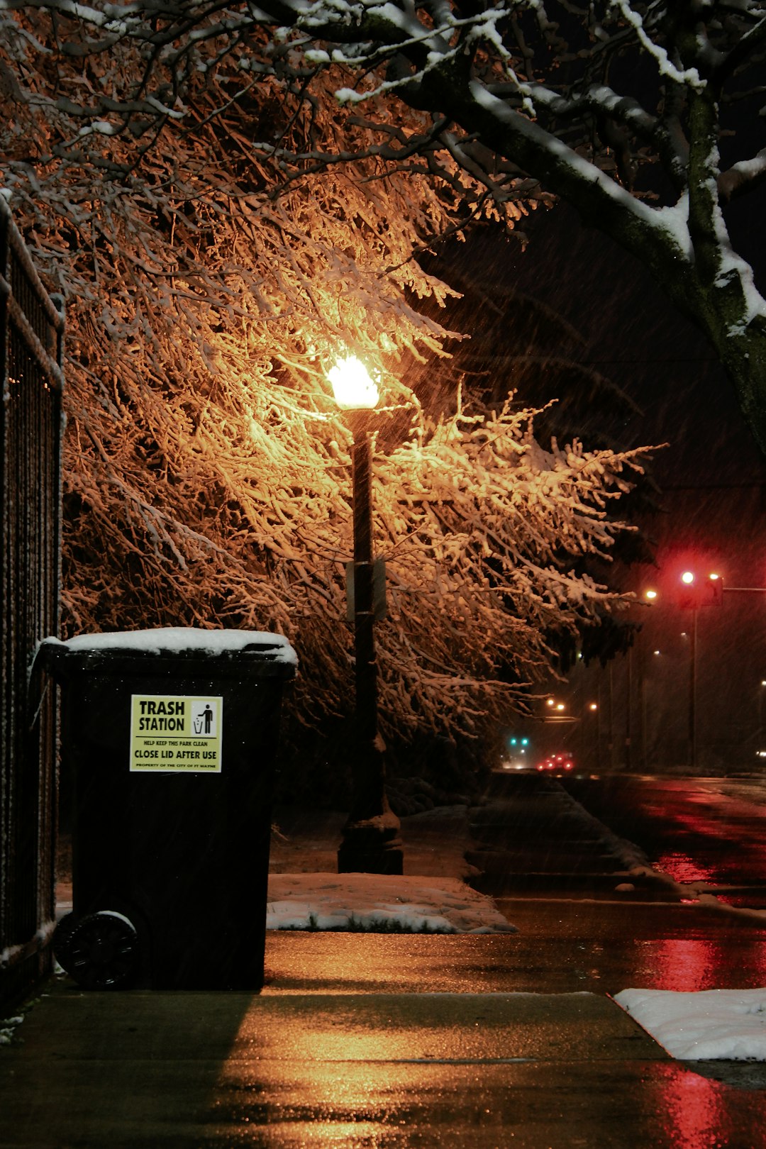 black trash bin near road during night time