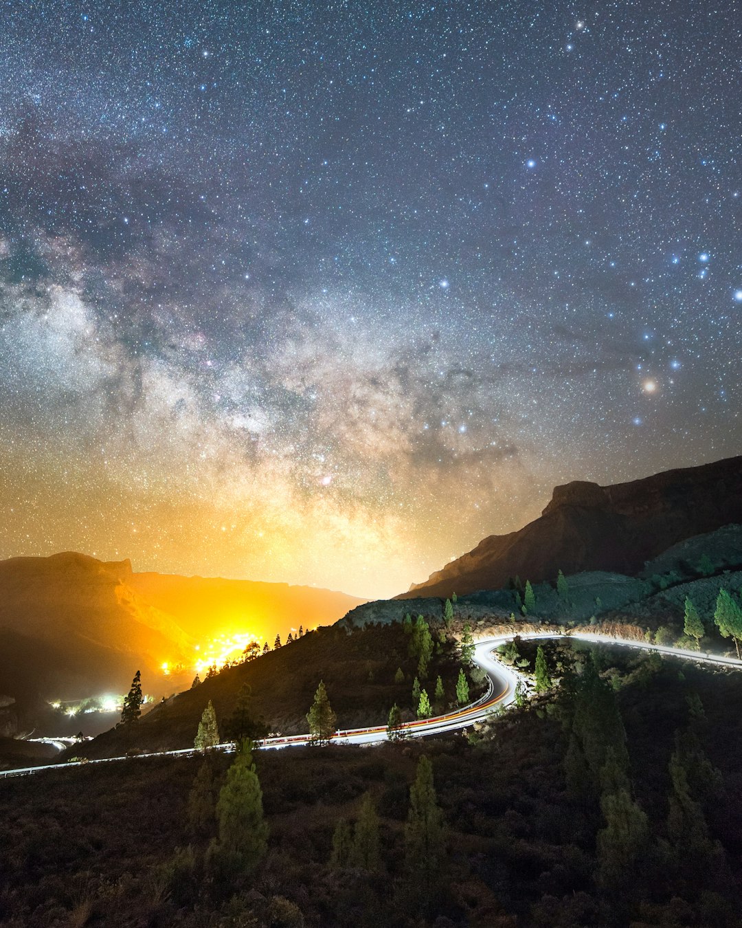 green trees and mountain under starry night