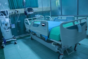 A hospital bed with adjustable features.