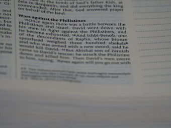 A close-up view of a page from a book, featuring text about a battle against the Philistines. The focus is on the passage detailing David's actions in battle. The text is printed in black ink on white paper, with a header in bold. The left side of the page is slightly out of focus, with visible page numbers and footnotes.