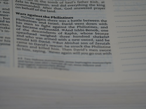 A close-up view of a page from a book, featuring text about a battle against the Philistines. The focus is on the passage detailing David's actions in battle. The text is printed in black ink on white paper, with a header in bold. The left side of the page is slightly out of focus, with visible page numbers and footnotes.