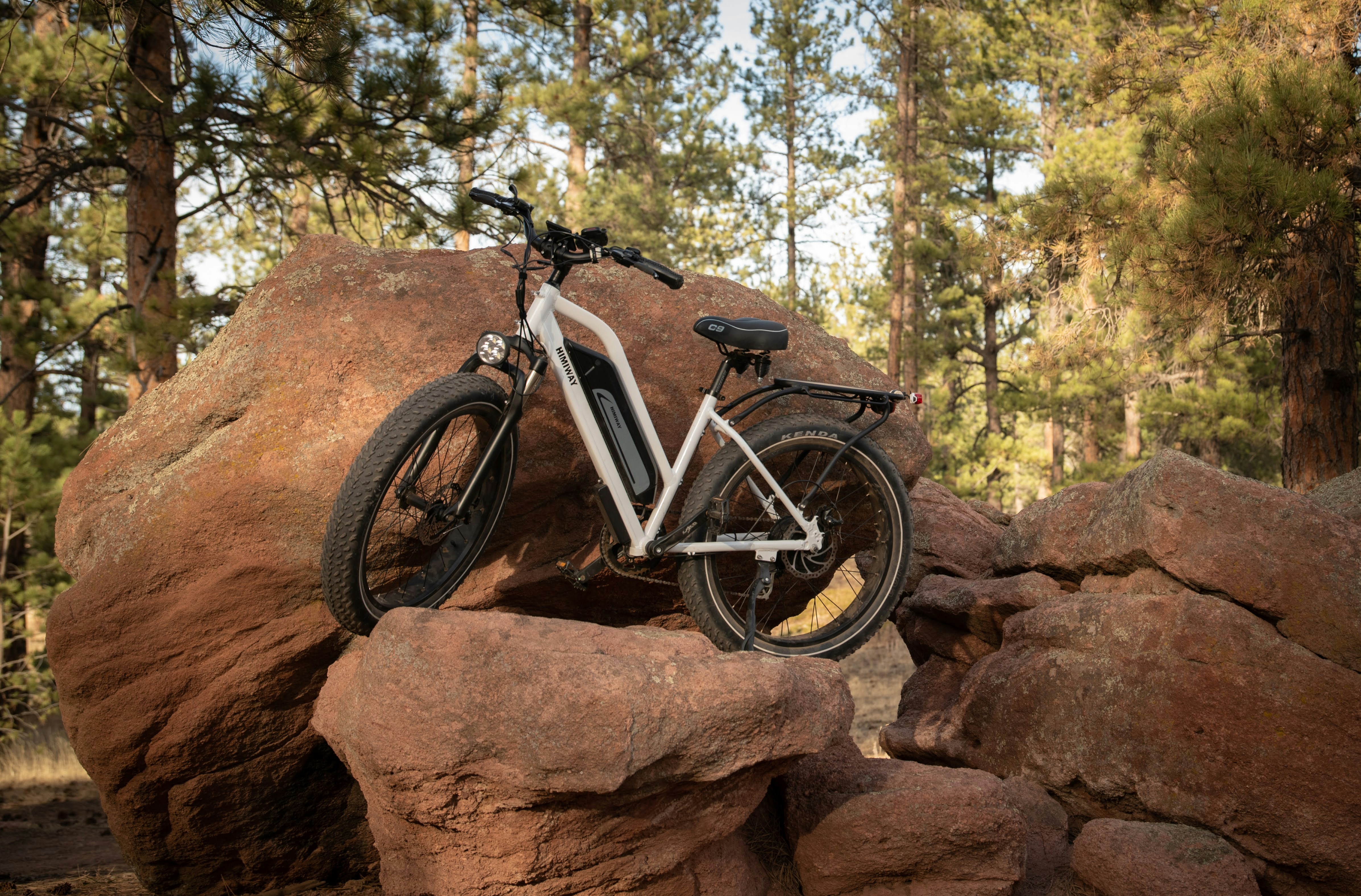 a bicycle is parked on a rock in the woods