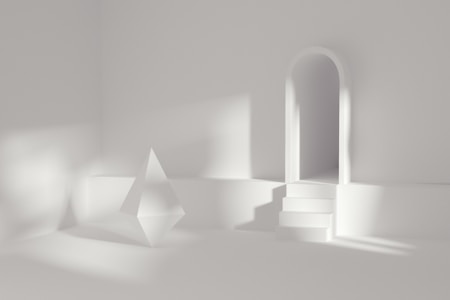A minimalistic scene featuring a white, monochromatic room. The room has smooth walls with a geometric, transparent pyramid placed on a ledge. There is an arched doorway in the background accompanied by a set of steps. Soft light casts shadows, adding depth to the simple composition.