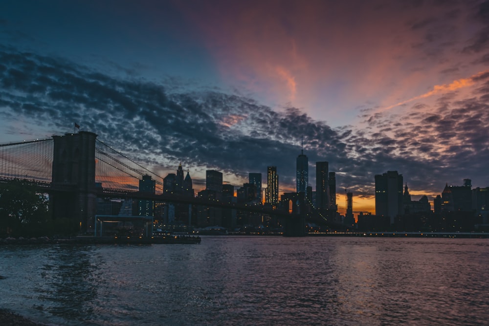 silhouette of city buildings near body of water during sunset