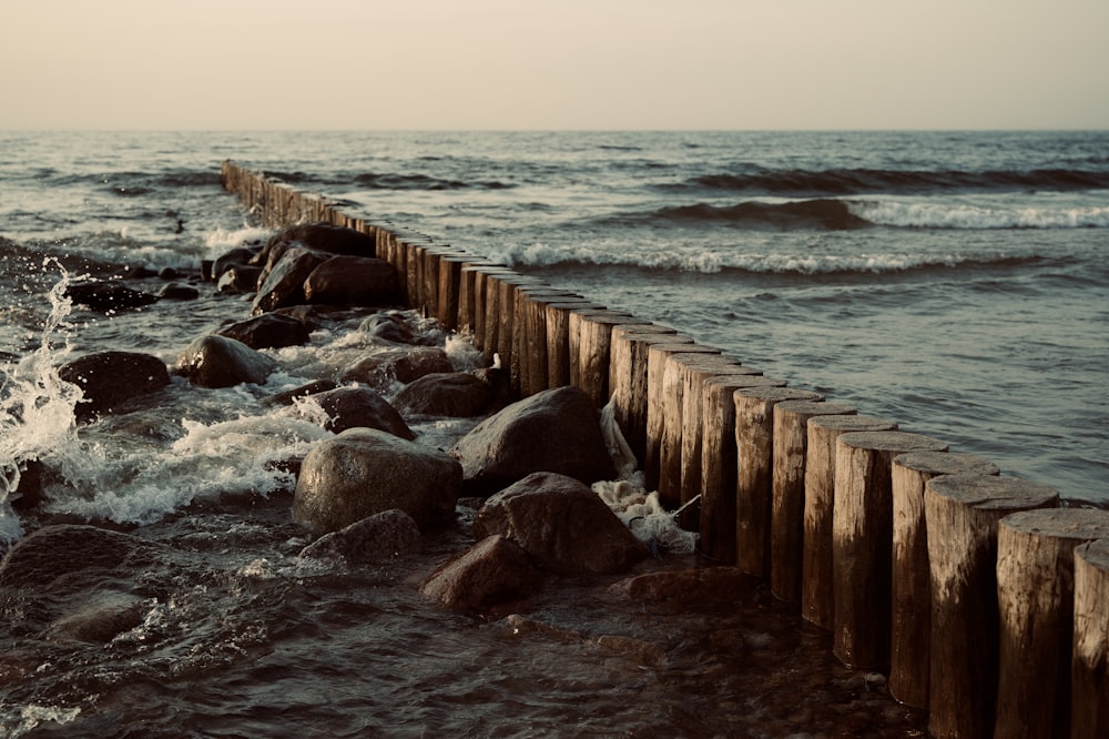 Braunes Holzdock auf See tagsüber