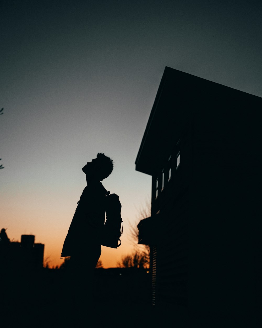 silhouette of man standing near building during sunset