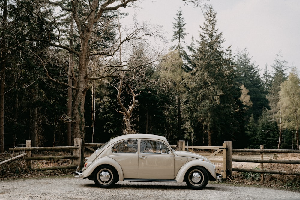 white sedan parked near trees during daytime