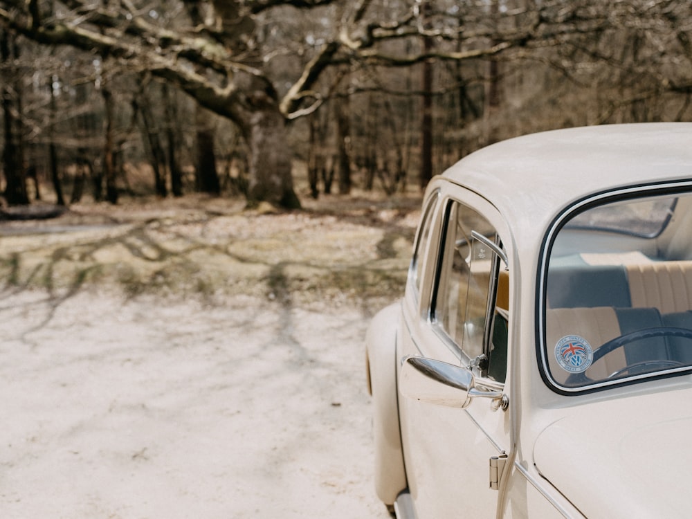 white volkswagen beetle on snow covered ground during daytime