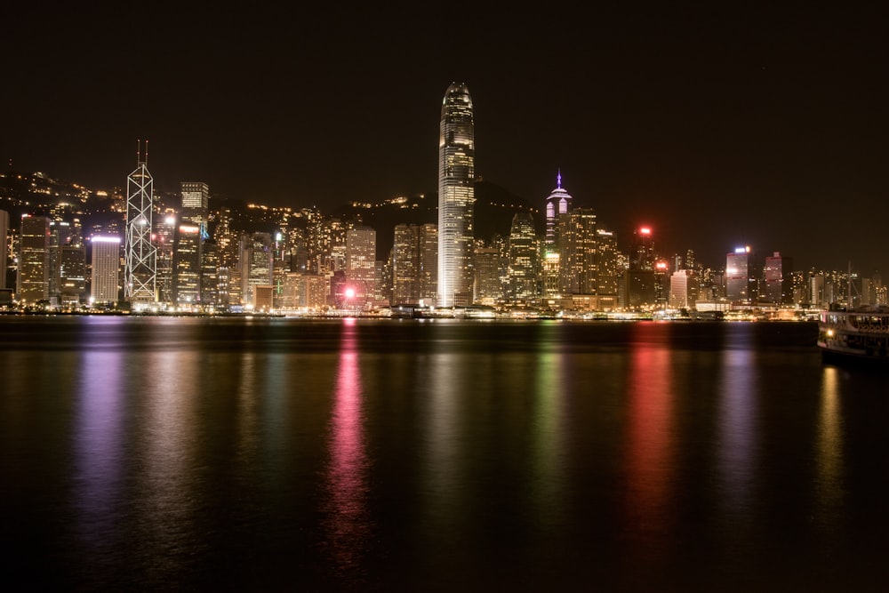 city skyline during night time