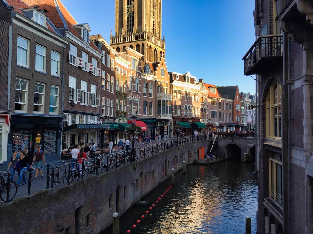 people walking on sidewalk beside river during daytime