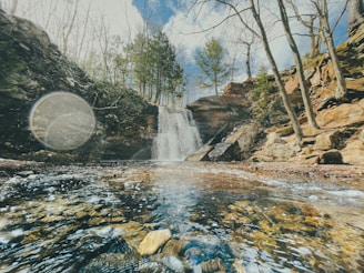 water falls in the middle of the woods
