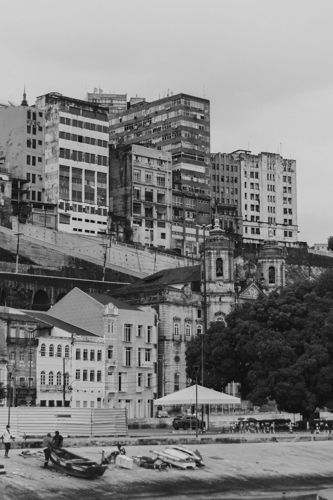 grayscale photo of city buildings