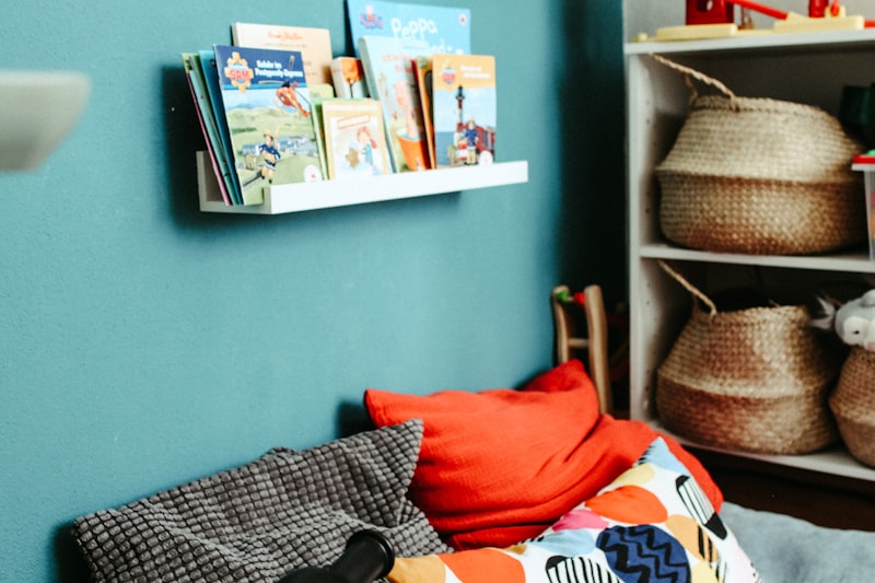 Cozy reading nook with picture books and soft cushions