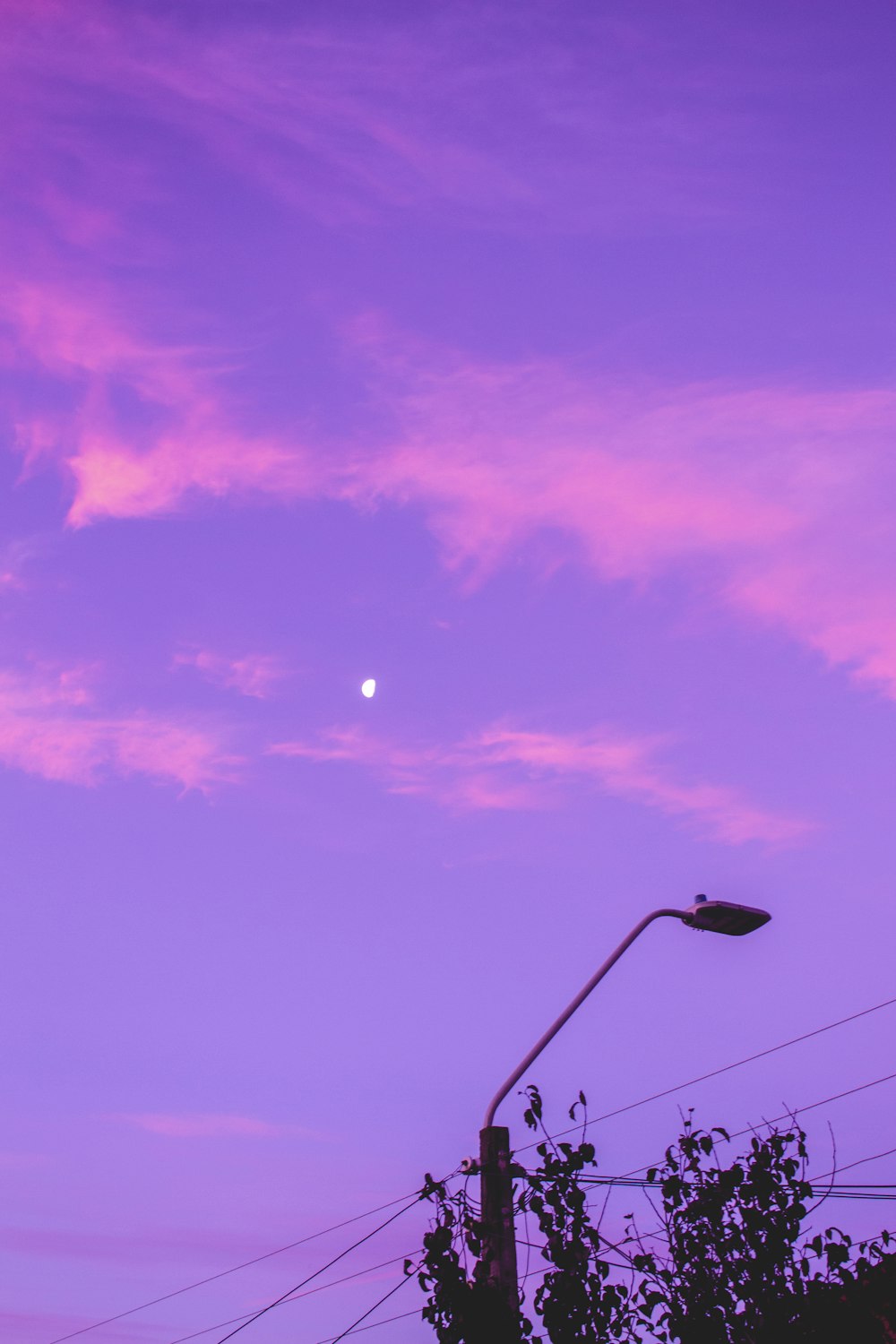 Schwarze Straßenlaterne unter violettem Himmel