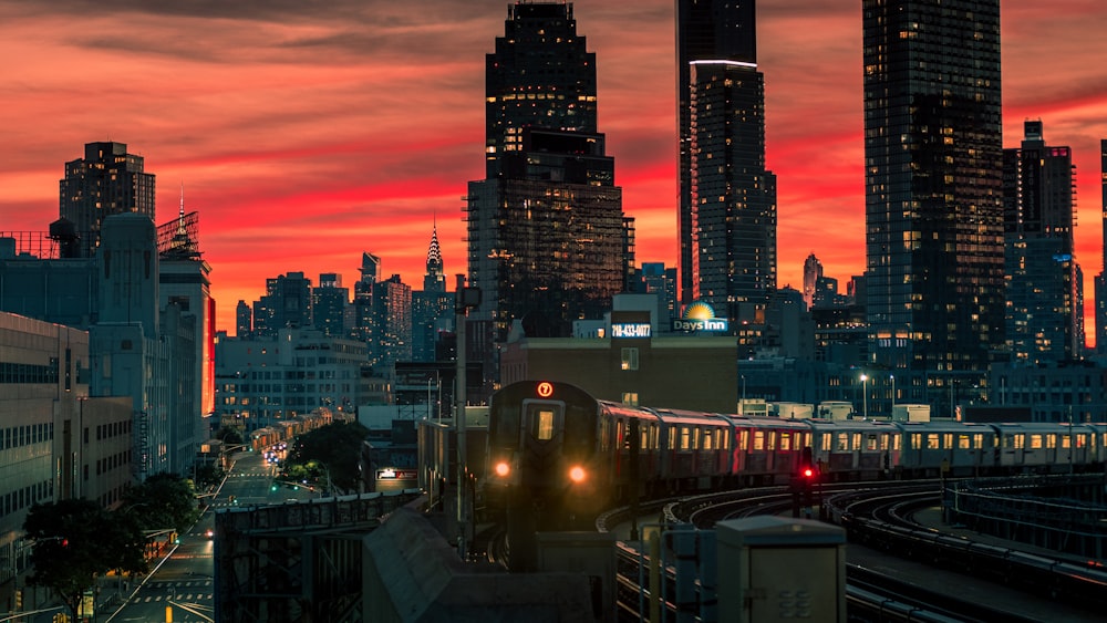 city skyline during night time