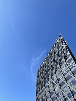 Modern office building exterior with steel framework under a clear sky.