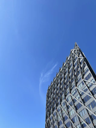 Modern steel-framed commercial building under clear blue sky.