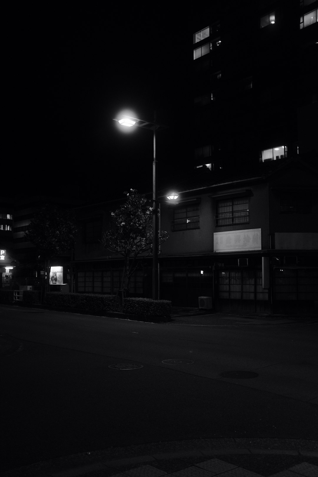 grayscale photo of street light turned on during nighttime