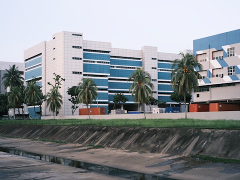 A modern multi-story building with a geometric facade featuring blue and gray horizontal panels. Several palm trees are lined up in front of the building, with a few shipping containers visible behind. A drainage canal is in the foreground.
