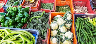 A variety of fresh vegetables displayed in colorful baskets, including bell peppers, bitter gourds, cauliflowers, cucumbers, beans, and ginger. The vibrant and diverse collection is neatly organized.