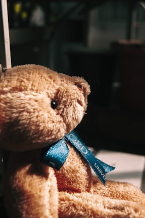 A plush teddy bear with a soft, furry texture is adorned with a blue ribbon tied around its neck, featuring inscribed text. The bear is positioned in a warmly lit environment, with a blurred background that suggests an indoor setting.