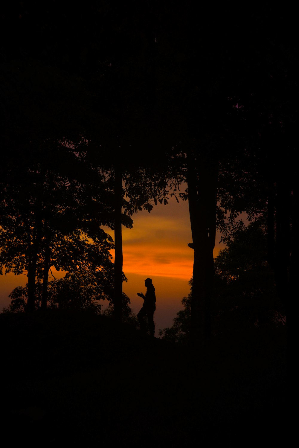 Silueta del hombre y de la mujer de pie en la formación rocosa durante la puesta del sol