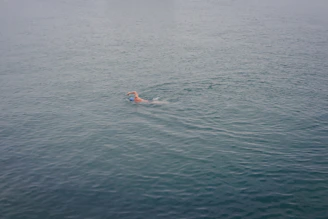 A beginner swimmer receiving gentle guidance from an instructor in a calm pool.