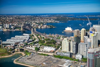 An aerial view of a bustling cityscape featuring a large harbor with iconic architectural landmarks, including a prominent bridge and a distinctively designed opera house. High-rise buildings line the waterfront, and boats are visible on the sparkling blue waters. The surrounding land is densely populated with urban development and greenery, providing a vibrant contrast to the city.