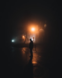 A shadowy detective silhouette against a foggy city street at night.