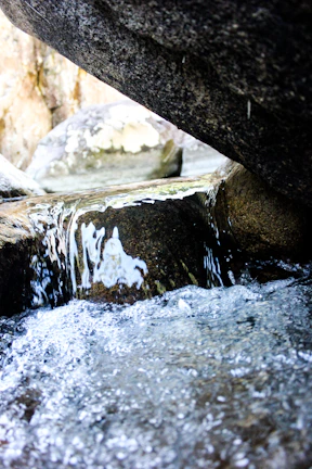 Close-up of mineral-rich thermal water flowing over smooth rocks in a forest setting.
