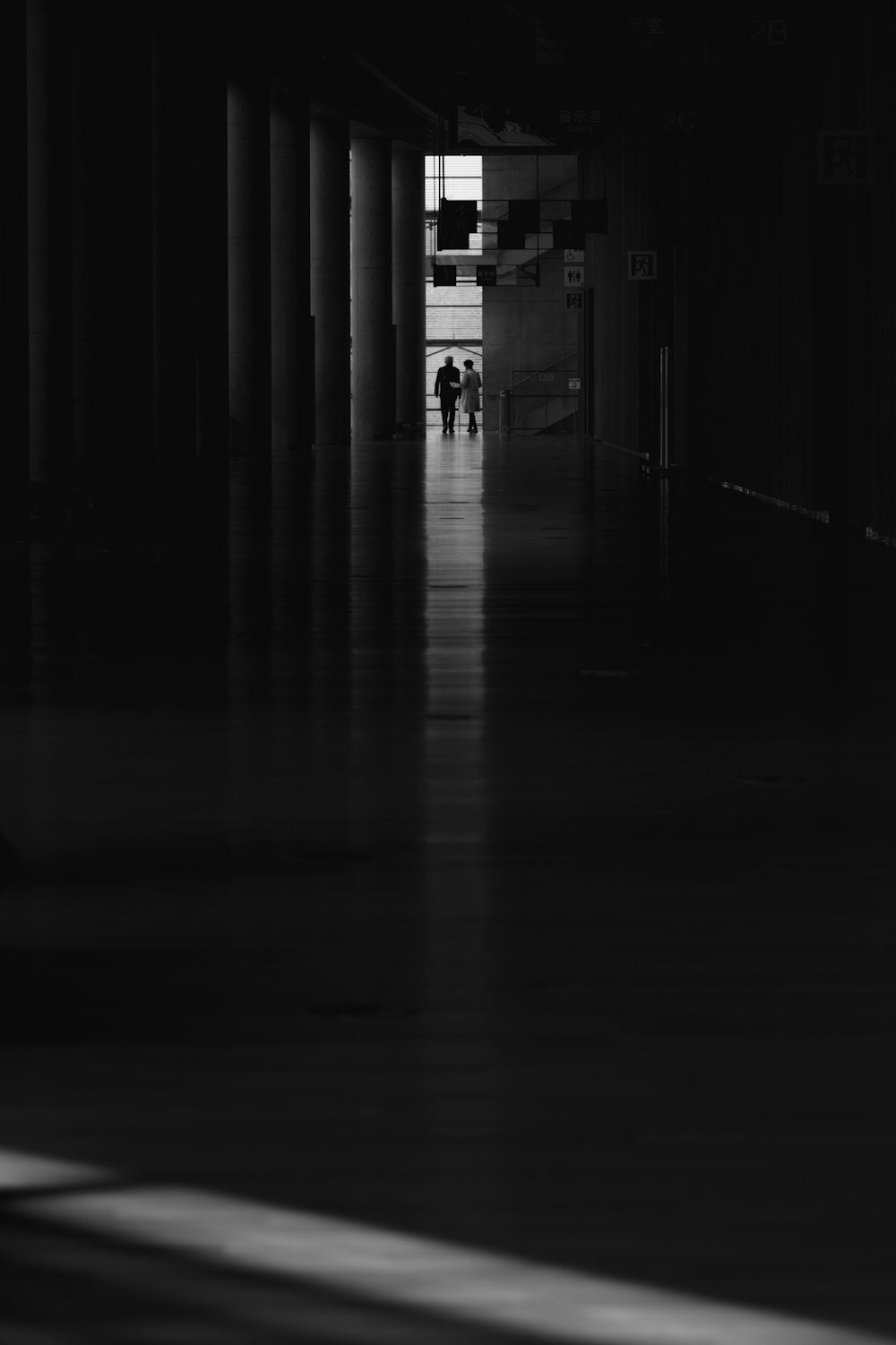 Foto in scala di grigi di un corridoio