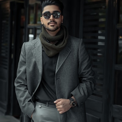 woman in gray coat wearing black sunglasses