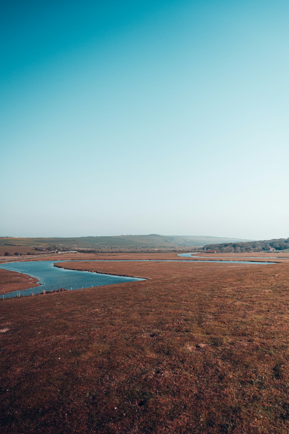 brown field near body of water during daytime