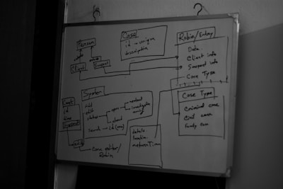 A whiteboard covered with a flowchart diagram, featuring various labeled sections such as 'Person', 'Case', 'Robin/Entry', 'Case Type', and 'System'. The flowchart is drawn with black marker and contains arrows connecting different blocks of text, indicating a possible process or system design.