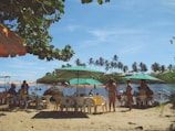 A group of friends relaxing under several Madtre umbrellas on a sunny sandy beach.