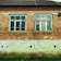 A brick house facade with two old, white-framed windows. The bricks are weathered and some mortar has come away, revealing patches of gray underneath. The lower part of the wall is a deteriorated concrete with signs of moisture damage, discoloration, and small holes. There is some green grass growing at the base of the wall.