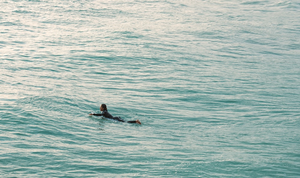 낮 동안 바다에서 수영하는 검은 잠수복을 입은 남자