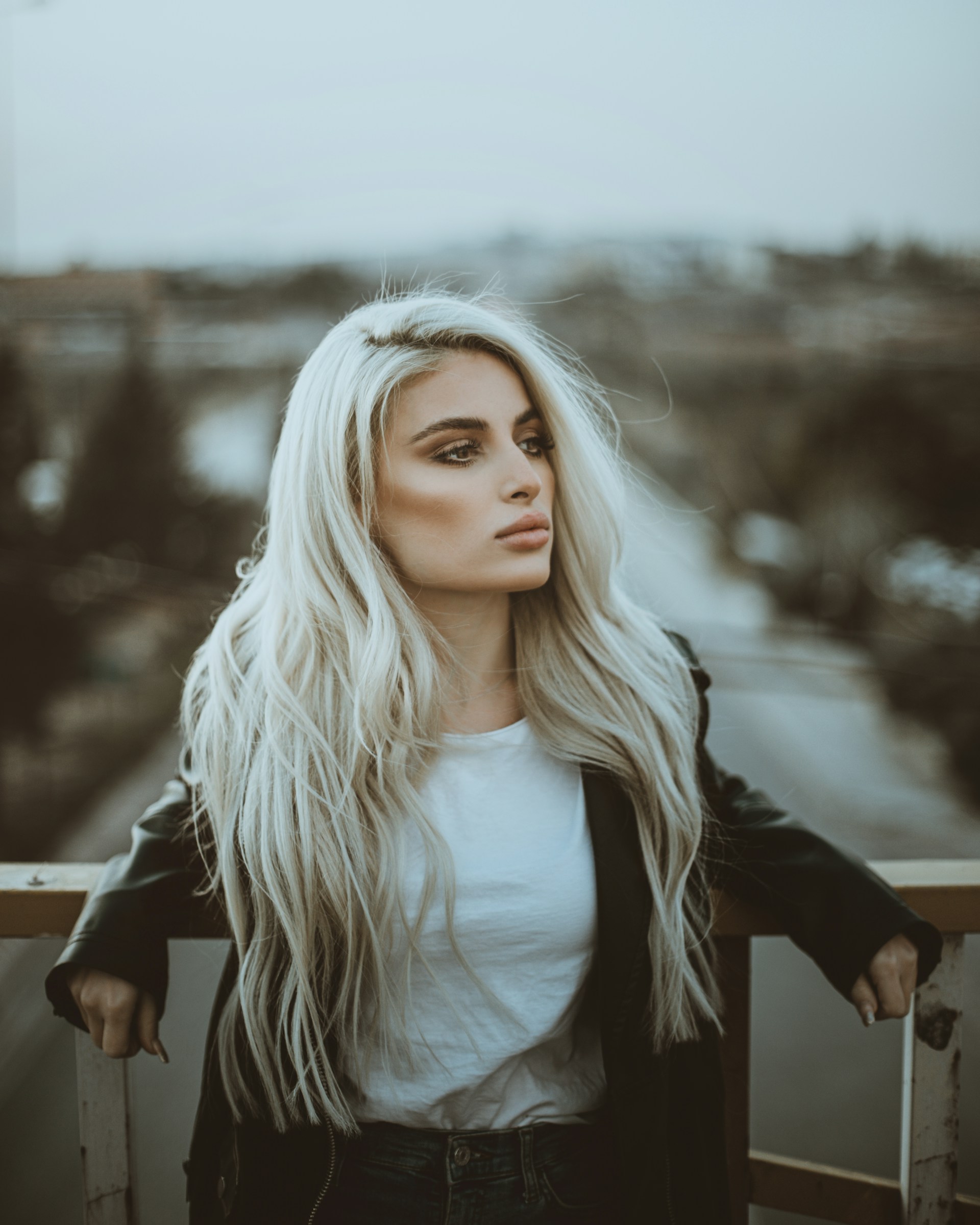 woman in black leather jacket