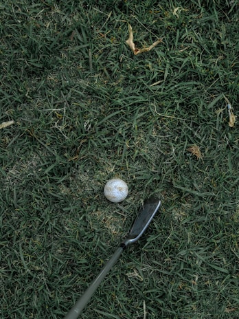 A golf ball lies on grass, positioned in front of a golf club. The scene captures a close-up view of the ground with green blades of grass surrounding the ball and club head.