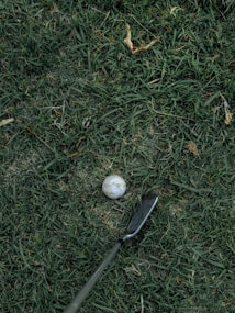 A golf ball lies on grass, positioned in front of a golf club. The scene captures a close-up view of the ground with green blades of grass surrounding the ball and club head.