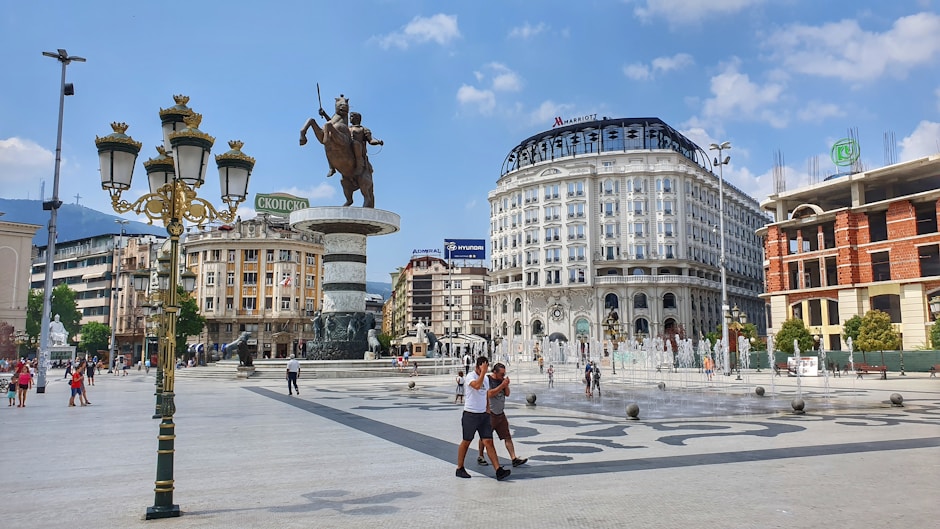 Skopje Macedonia Square 18,500m² with the 22m Alexander the Great equestrian statue from the Skopje 2014 project.