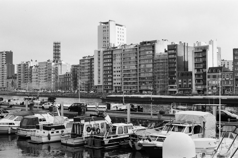 grayscale photo of city buildings