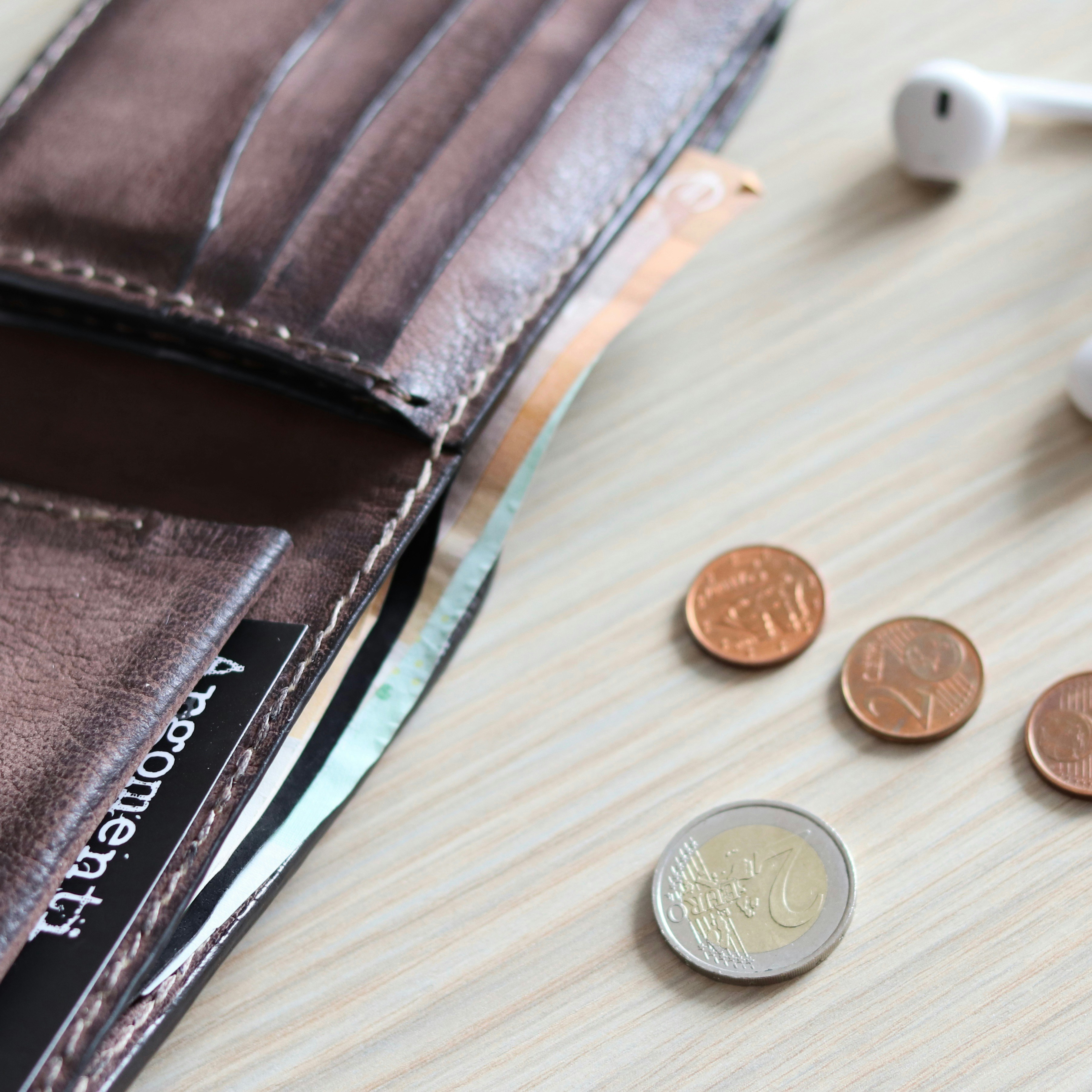 Leather Wallet, Book, Coins, Euro, Business card, Lay Flat, Real Leather, Handmade, Hand stitching, Canon Camera